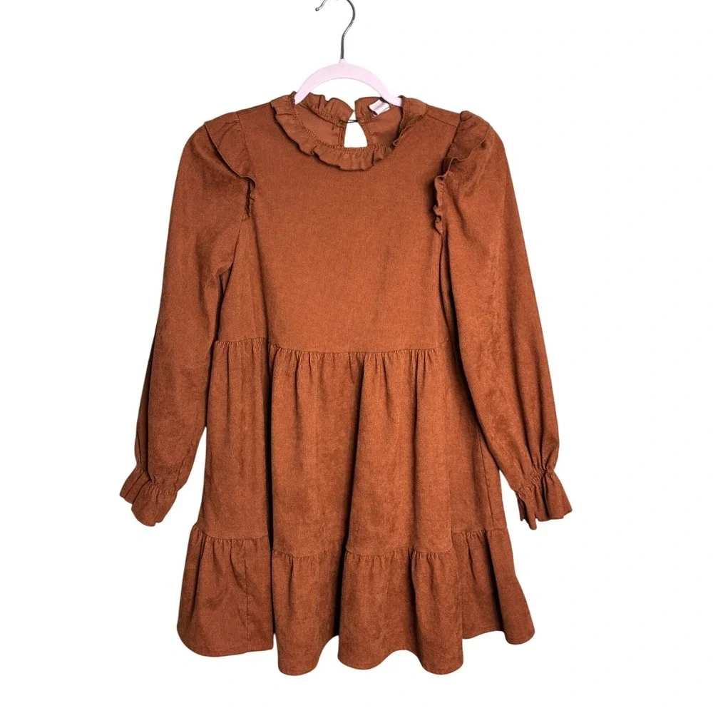 Tiered Babydoll Dress Teen 13Y Rust Brown Ruffle LongSleeve Boho kidcore Prairie